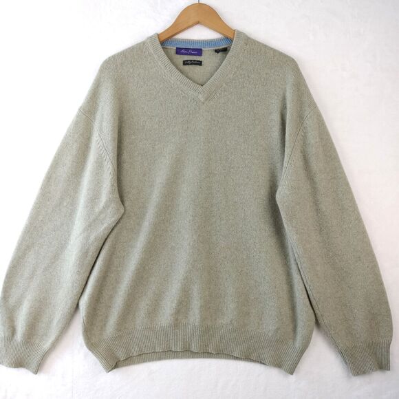 Alan Flusser Cashmere Sweater Mens Size XL Olive Green 2 Ply V Neck Old Money - Picture 1 of 12